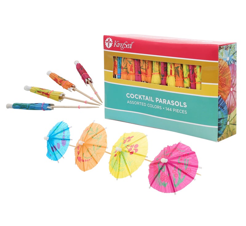 KingSeal 720 Count | KingSeal 4 Inch Umbrella Parasol Cocktail Picks, Cupcake Toppers, Assorted Colors and Designs, Tiki, Luau, Hawaii, Bulk Pack - 5 Boxes x 144 - Image 1